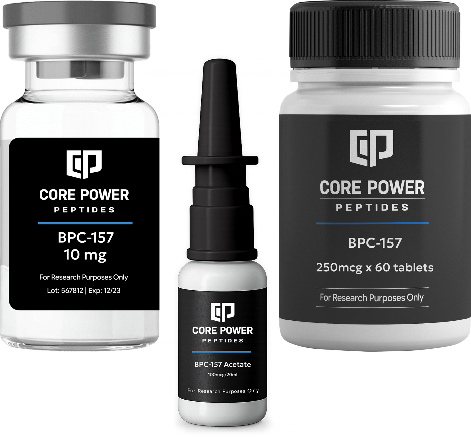 BPC-157 Research Bundle - 10mg Vial, Nasal Spray, and 250mcg Tablets - Core Power Peptides