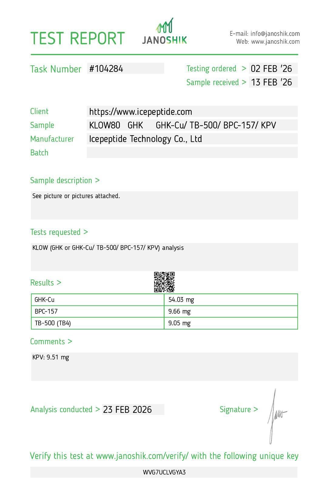KLOW80 Blend Janoshik Test Report Task 104284 - GHK-Cu BPC-157 TB-500